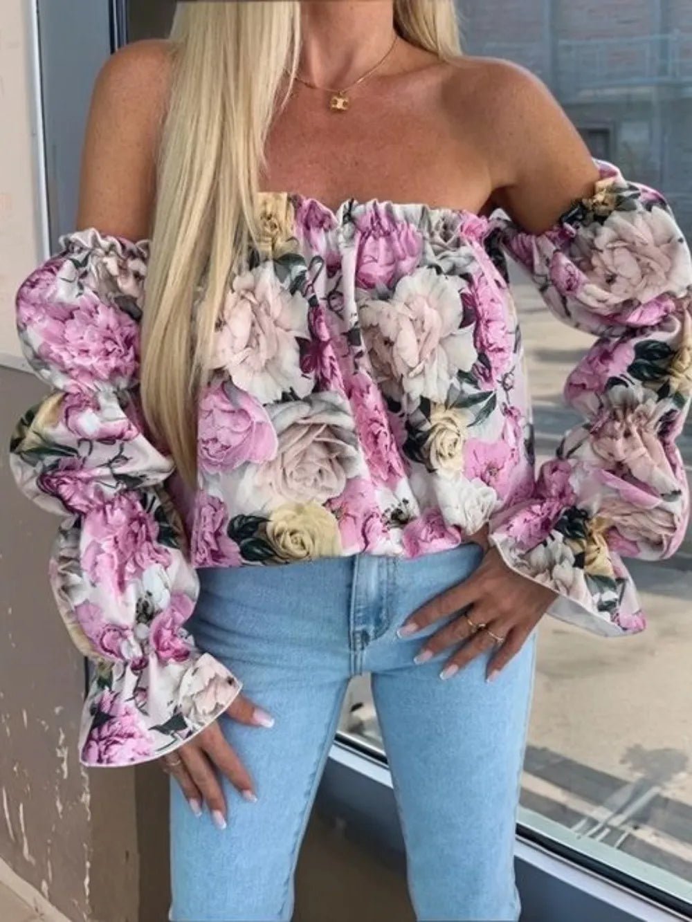 Printed Off - Shoulder Flounce Sleeve Blouse - StyleLure