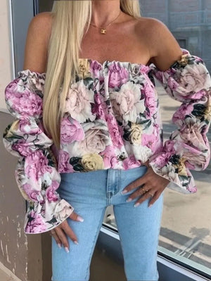 Printed Off - Shoulder Flounce Sleeve Blouse - StyleLure