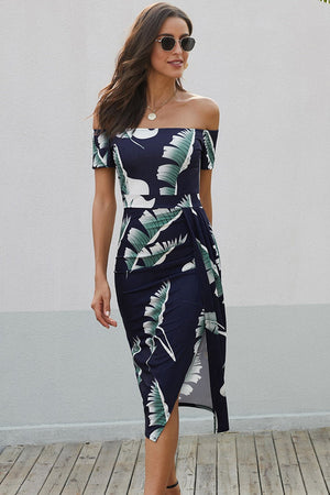 Printed Off - Shoulder Split Dress - StyleLure