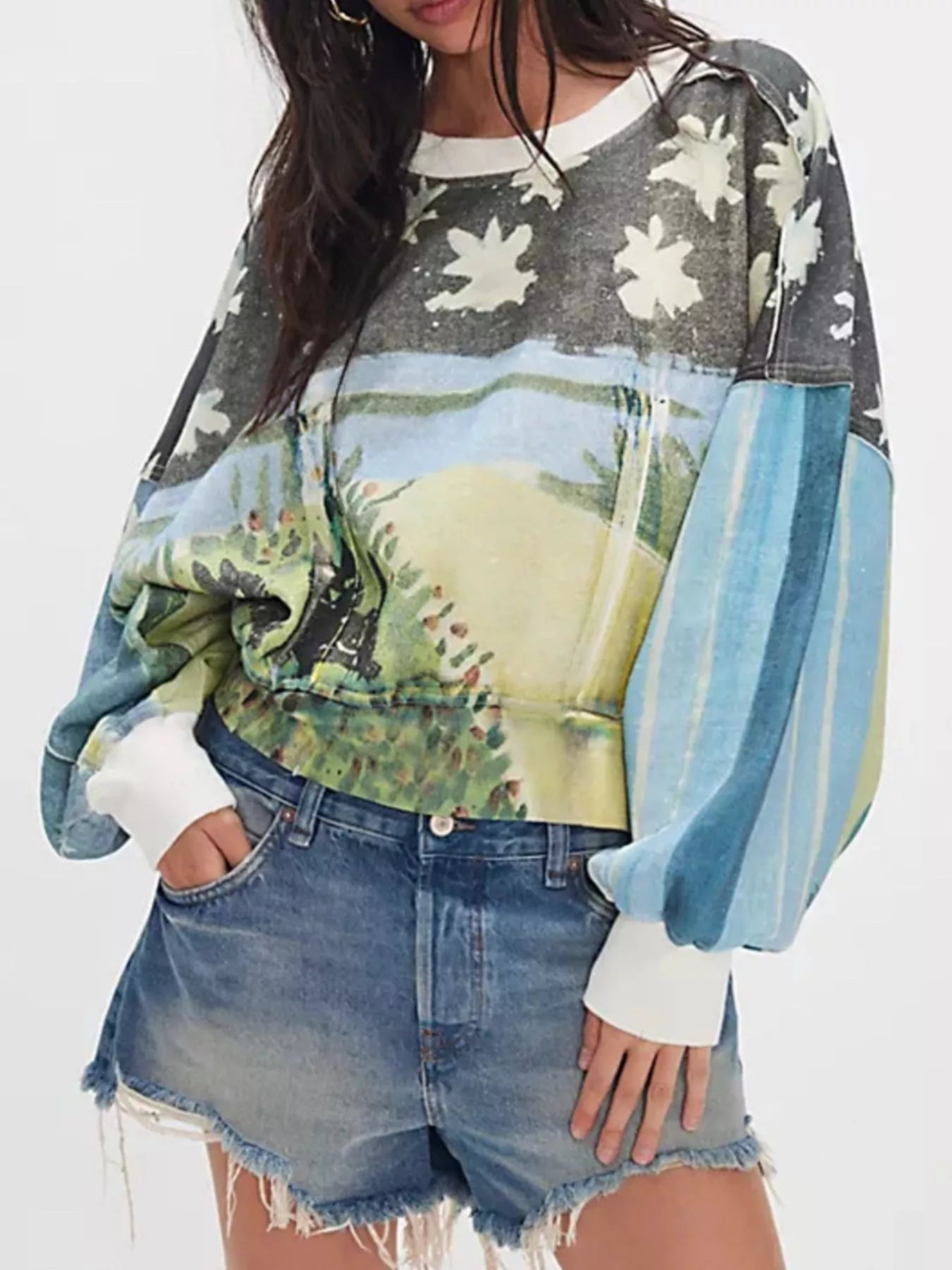 Printed Round Neck Dropped Shoulder Sweatshirt - StyleLure