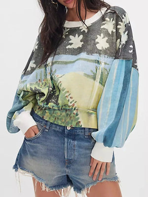 Printed Round Neck Dropped Shoulder Sweatshirt - StyleLure