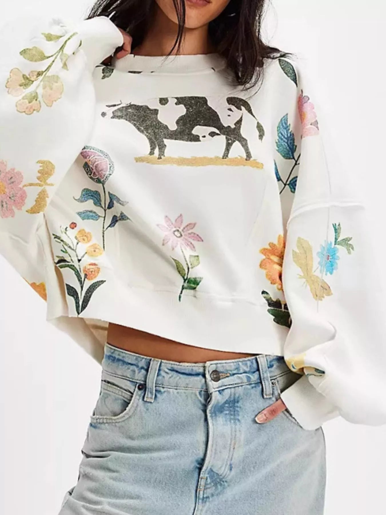 Printed Round Neck Dropped Shoulder Sweatshirt - StyleLure