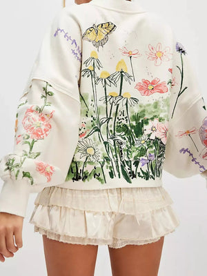 Printed Round Neck Dropped Shoulder Sweatshirt - StyleLure