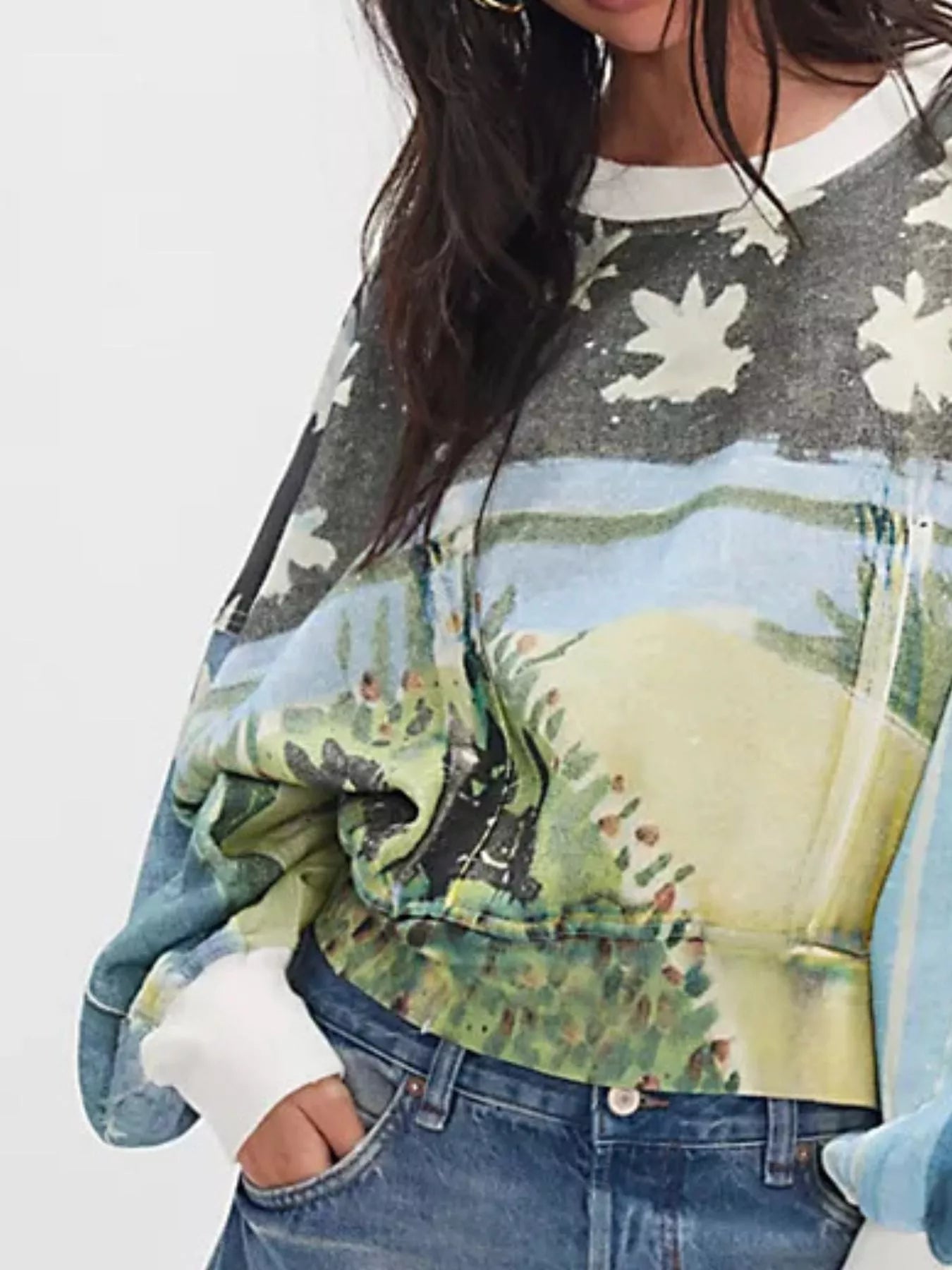 Printed Round Neck Dropped Shoulder Sweatshirt - StyleLure