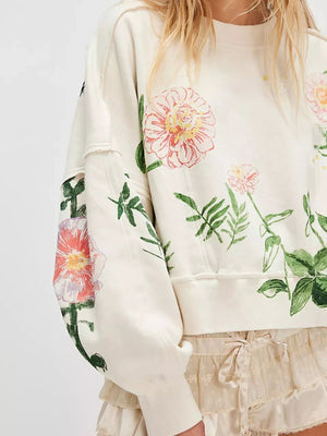 Printed Round Neck Dropped Shoulder Sweatshirt - StyleLure