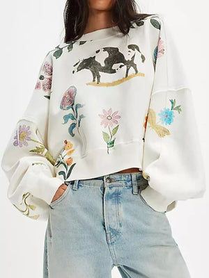 Printed Round Neck Dropped Shoulder Sweatshirt - StyleLure