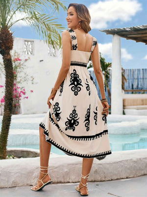 Printed Square Neck Wide Strap Midi Dress - StyleLure
