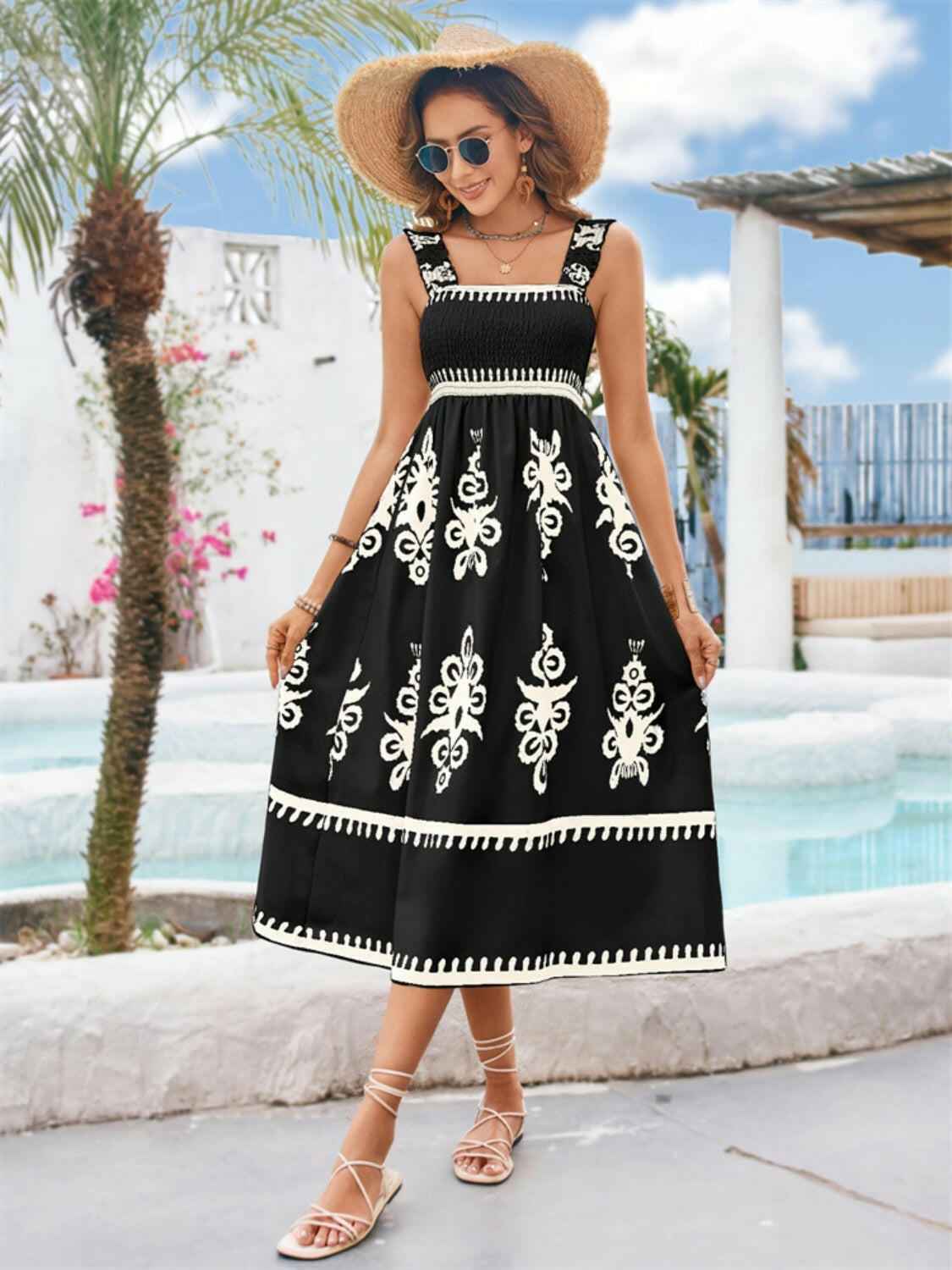 Printed Square Neck Wide Strap Midi Dress - StyleLure