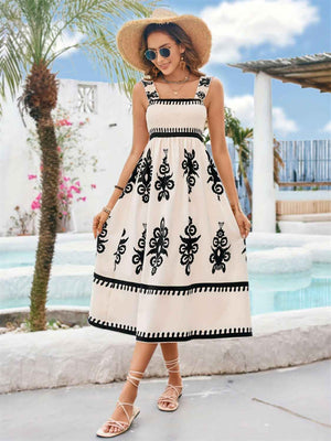 Printed Square Neck Wide Strap Midi Dress - StyleLure