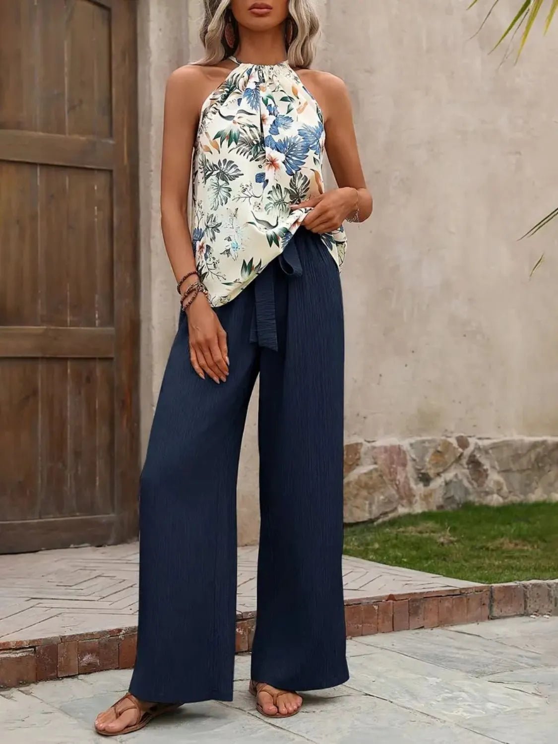 Printed Tank Top and Wide Leg Pants Set - StyleLure