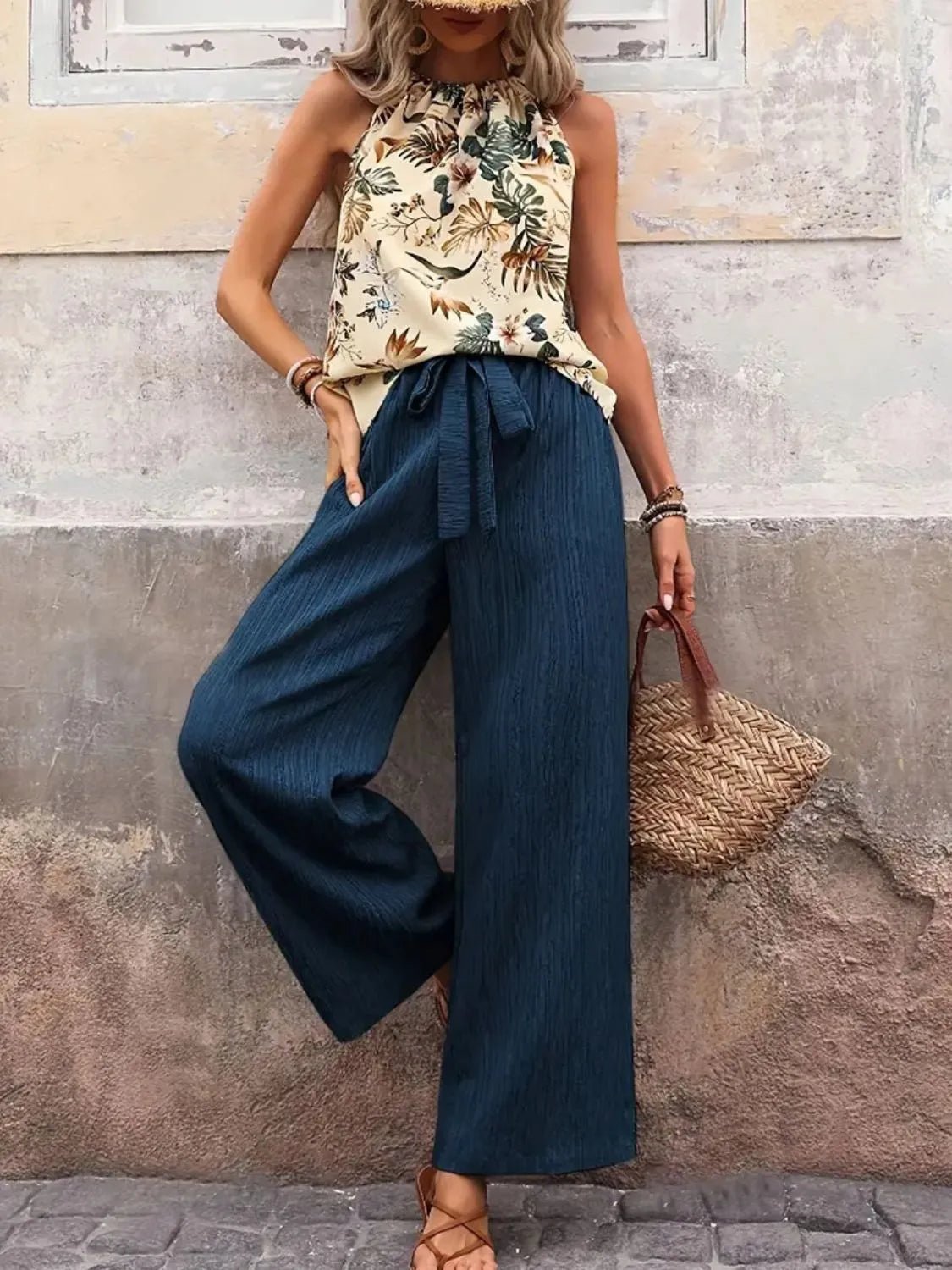 Printed Tank Top and Wide Leg Pants Set - StyleLure