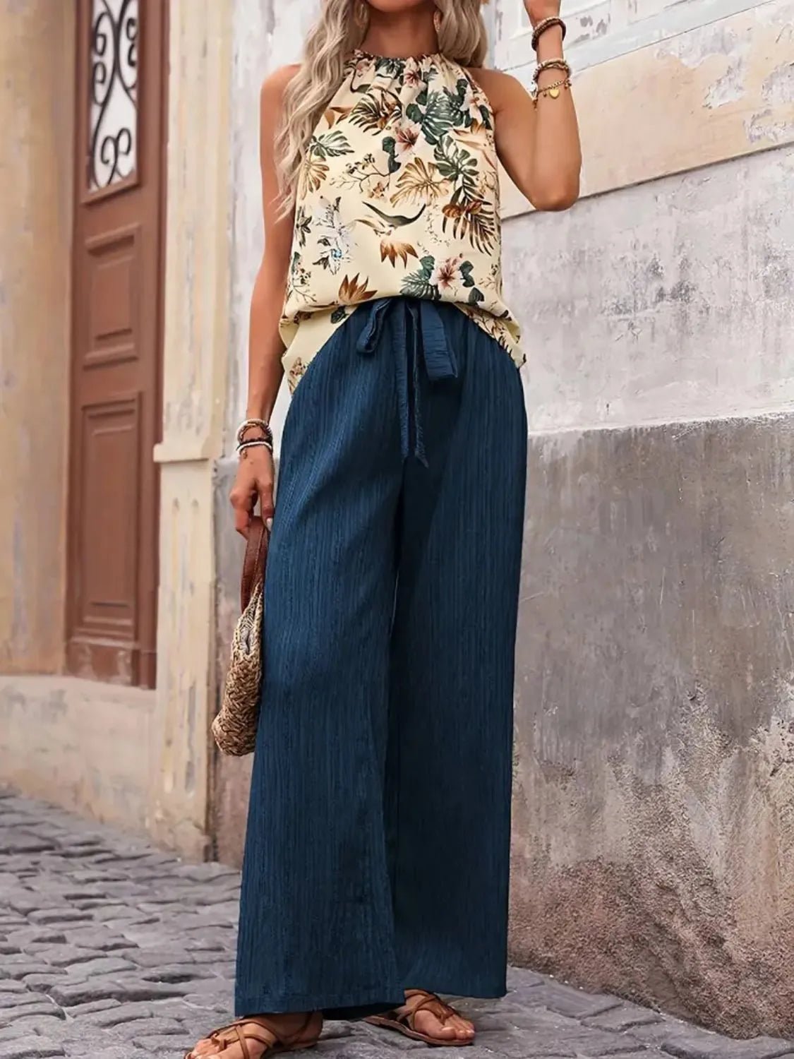 Printed Tank Top and Wide Leg Pants Set - StyleLure
