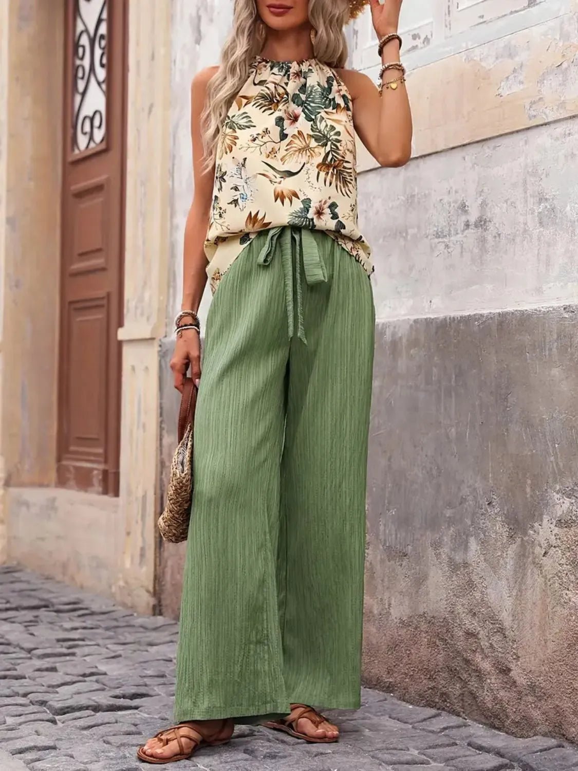 Printed Tank Top and Wide Leg Pants Set - StyleLure