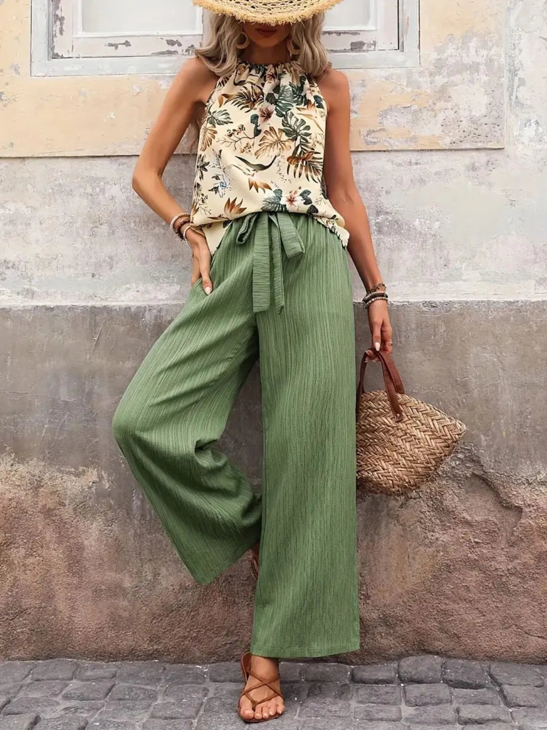 Printed Tank Top and Wide Leg Pants Set - StyleLure