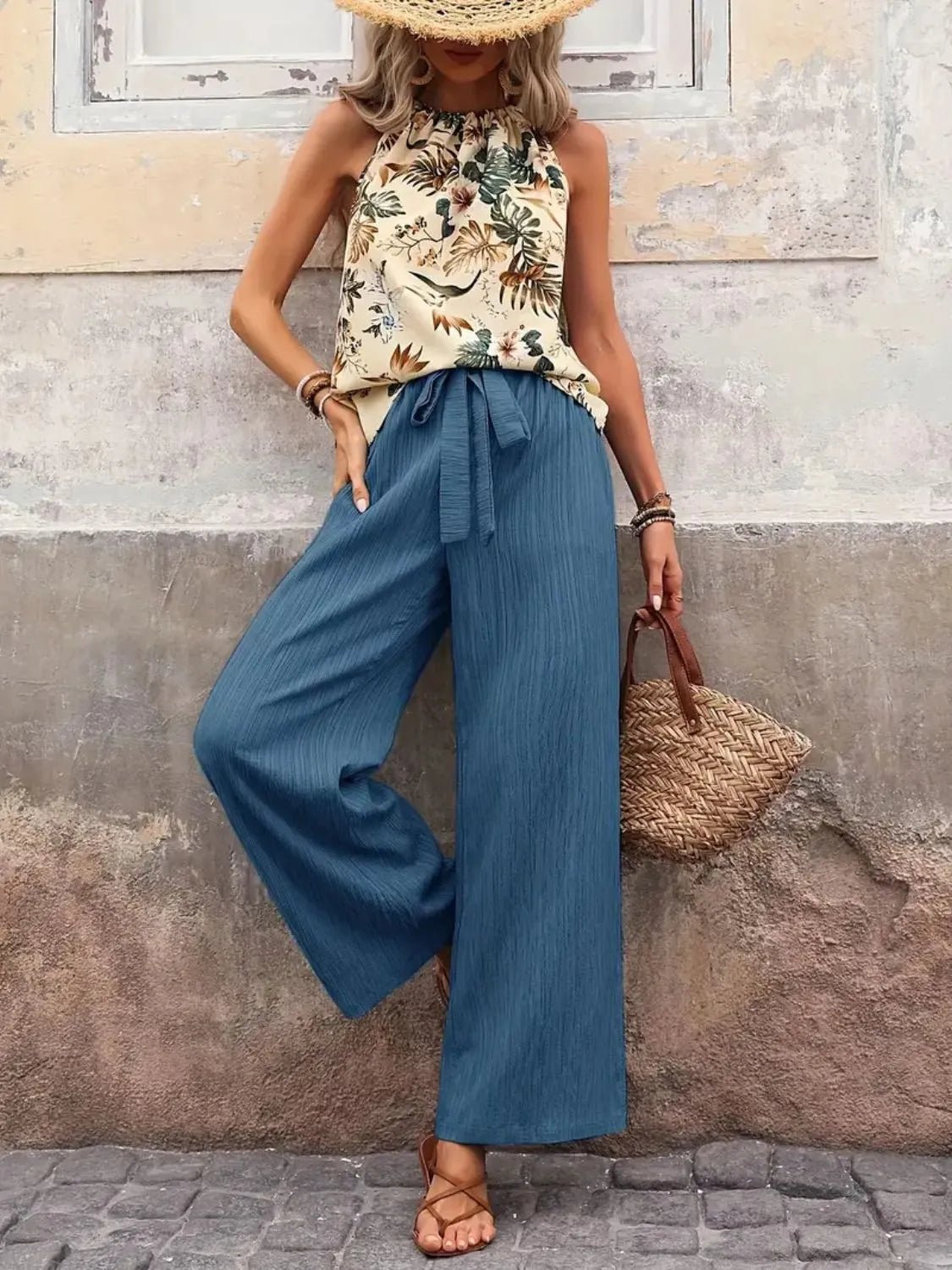 Printed Tank Top and Wide Leg Pants Set - StyleLure
