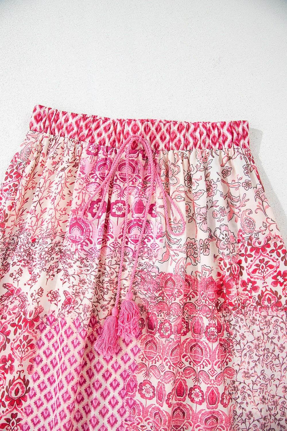 Printed Tassel Drawstring High Waist Maxi Skirt - StyleLure