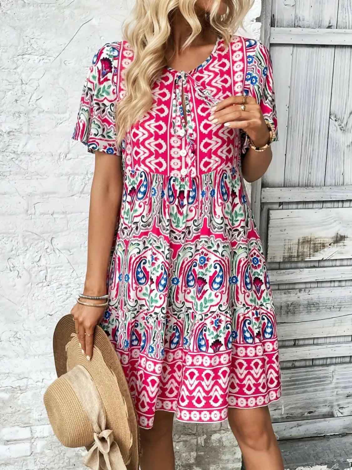 Printed Tie Neck Short Sleeve Dress - StyleLure