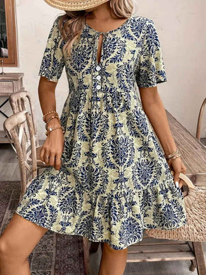 Printed Tie Neck Short Sleeve Dress - StyleLure