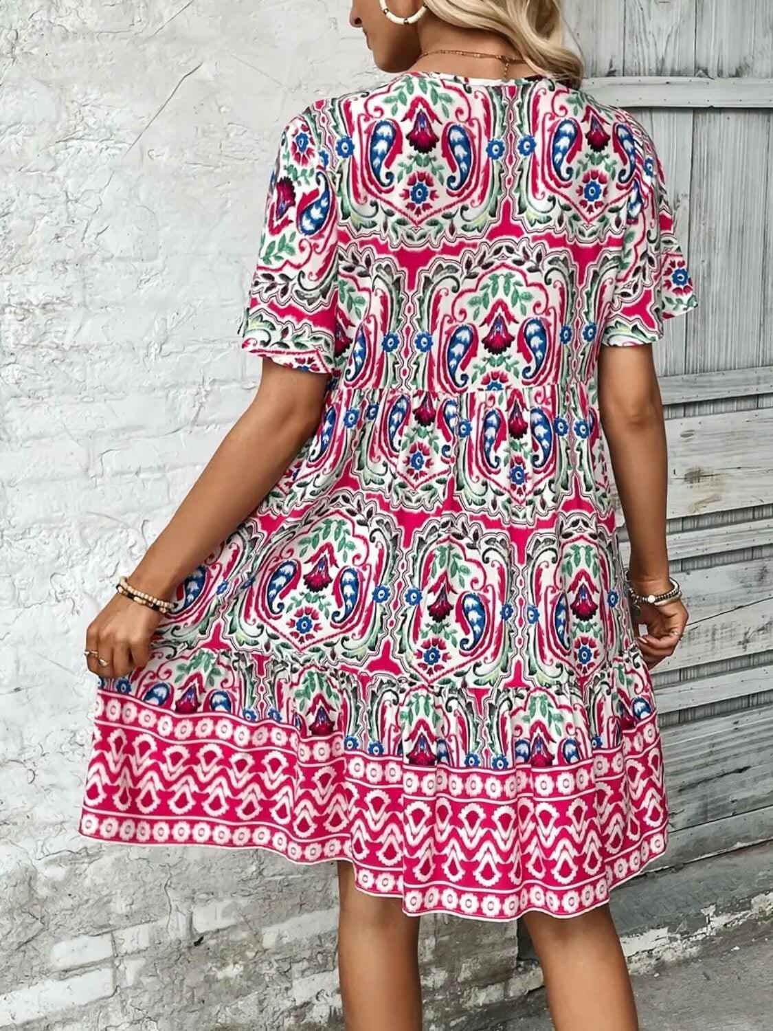 Printed Tie Neck Short Sleeve Dress - StyleLure