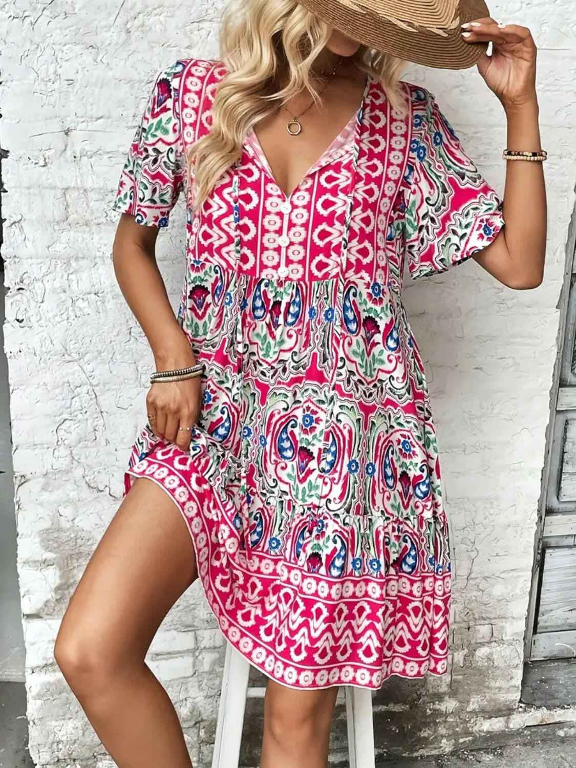 Printed Tie Neck Short Sleeve Dress - StyleLure