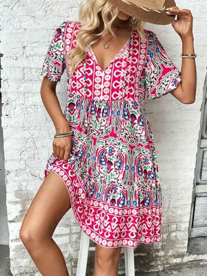 Printed Tie Neck Short Sleeve Dress - StyleLure