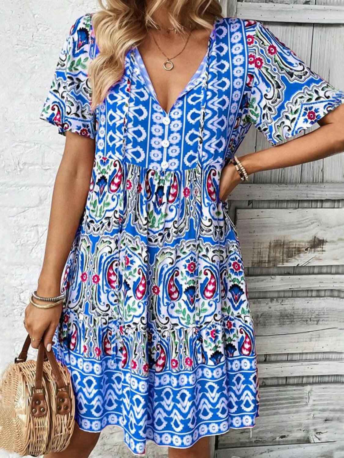 Printed Tie Neck Short Sleeve Dress - StyleLure