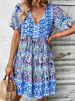 Printed Tie Neck Short Sleeve Dress - StyleLure