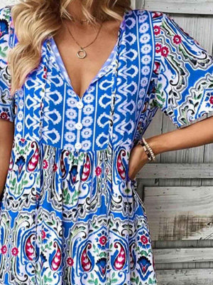 Printed Tie Neck Short Sleeve Dress - StyleLure