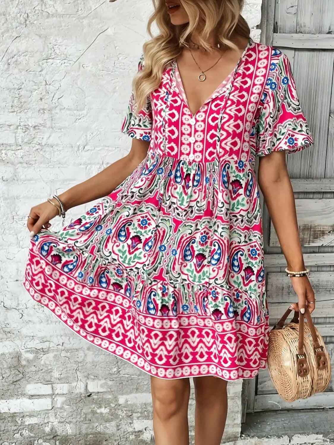 Printed Tie Neck Short Sleeve Dress - StyleLure