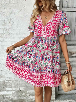 Printed Tie Neck Short Sleeve Dress - StyleLure