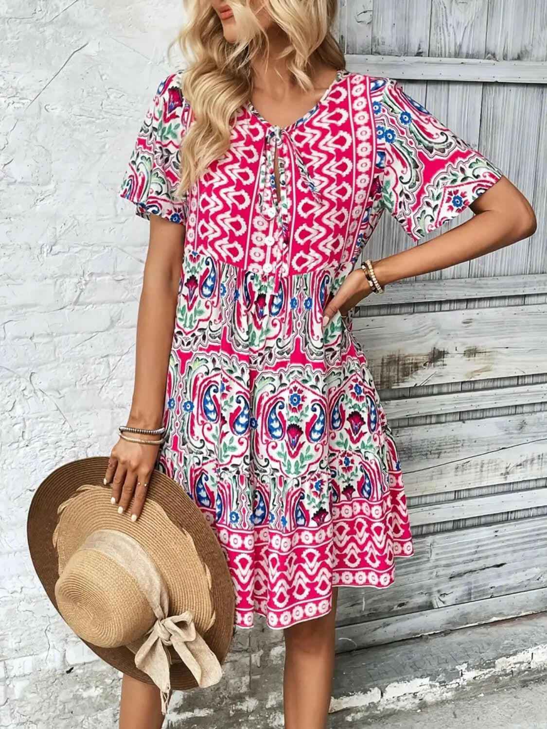 Printed Tie Neck Short Sleeve Dress - StyleLure