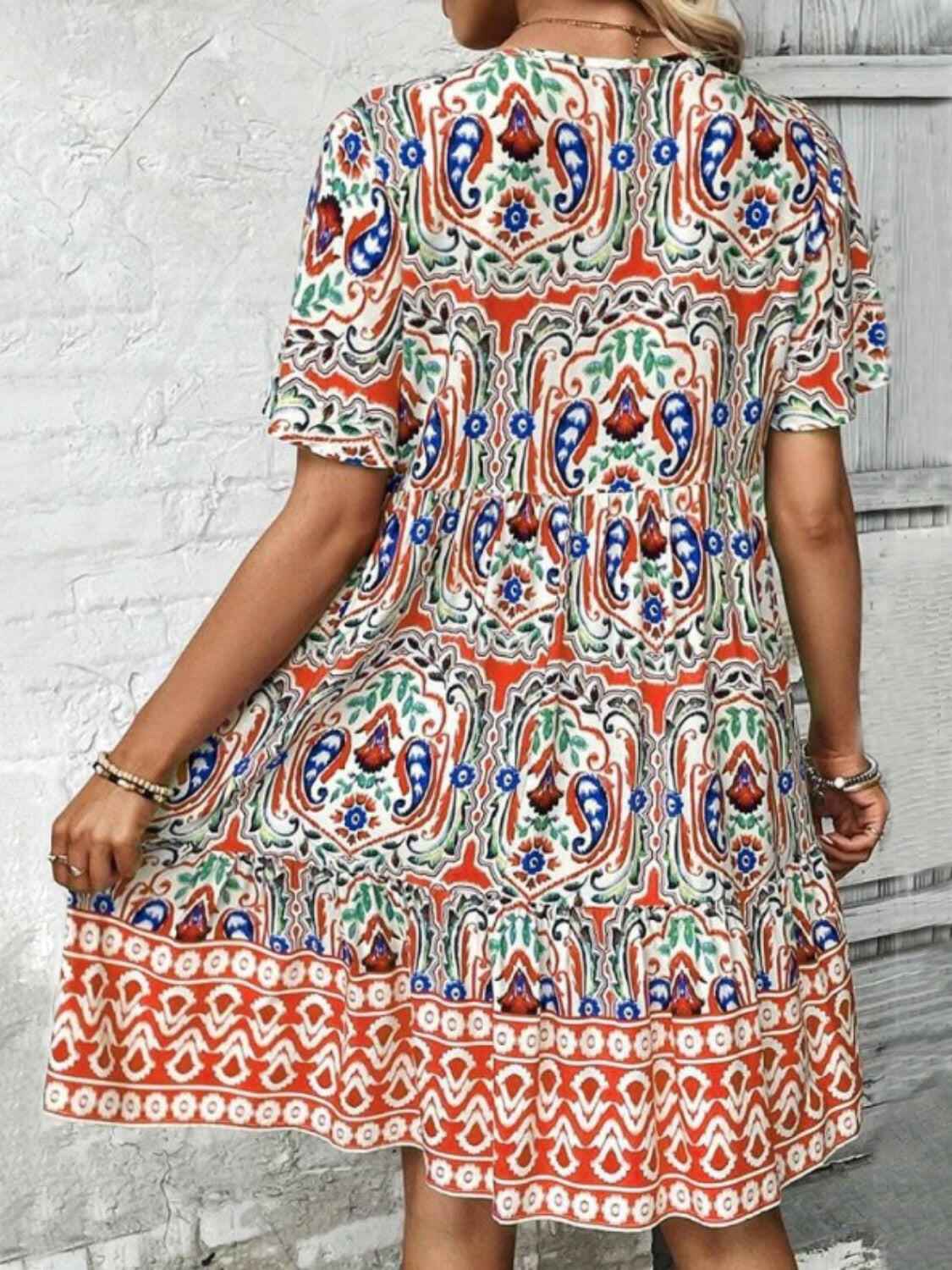 Printed Tie Neck Short Sleeve Dress - StyleLure