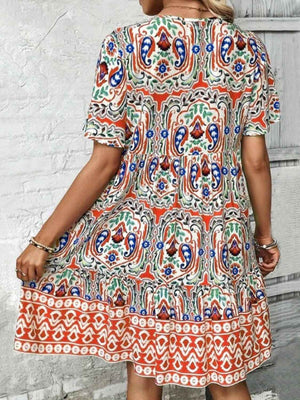 Printed Tie Neck Short Sleeve Dress - StyleLure