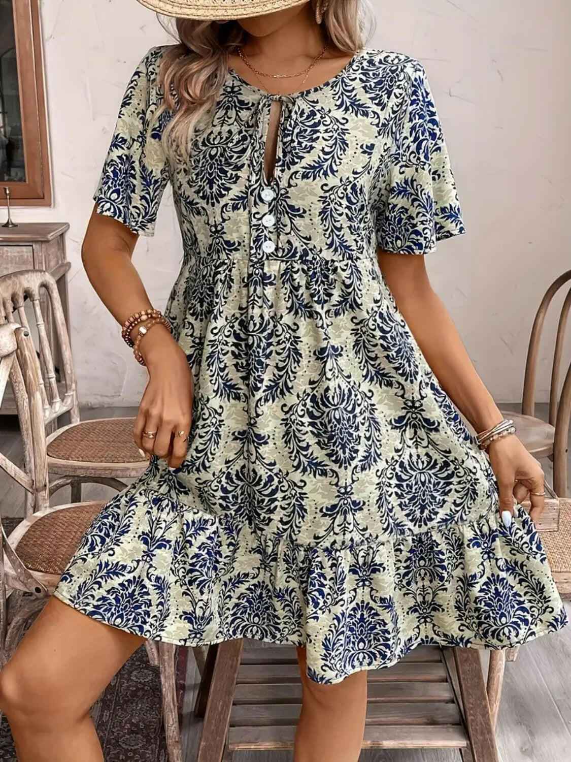 Printed Tie Neck Short Sleeve Dress - StyleLure