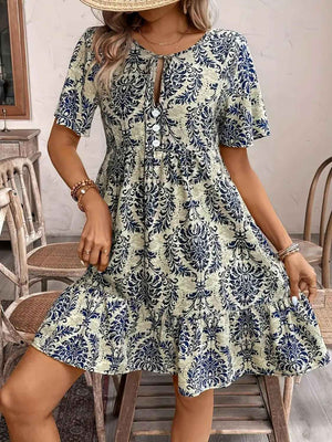 Printed Tie Neck Short Sleeve Dress - StyleLure