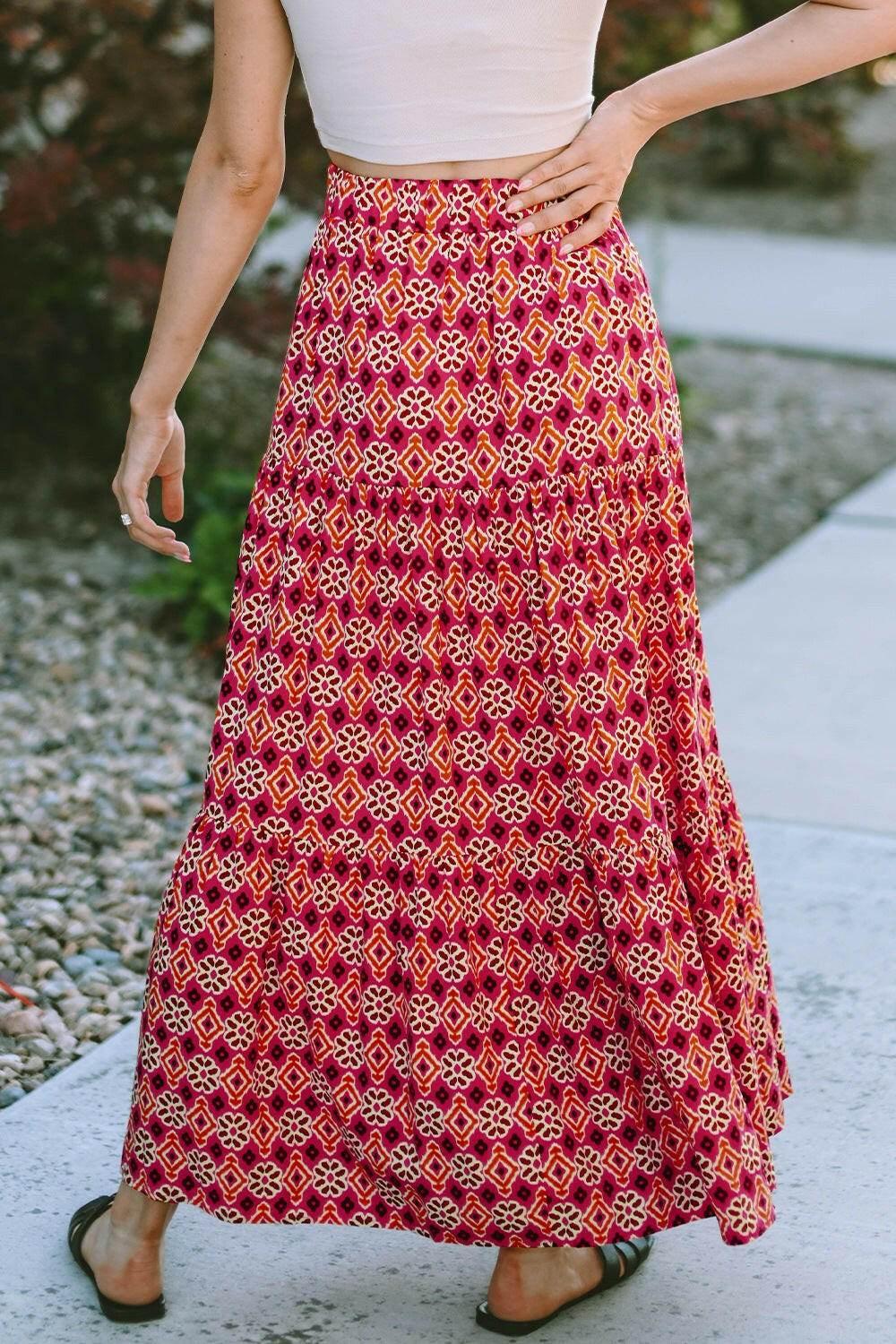 Printed Tiered Maxi Skirt - StyleLure