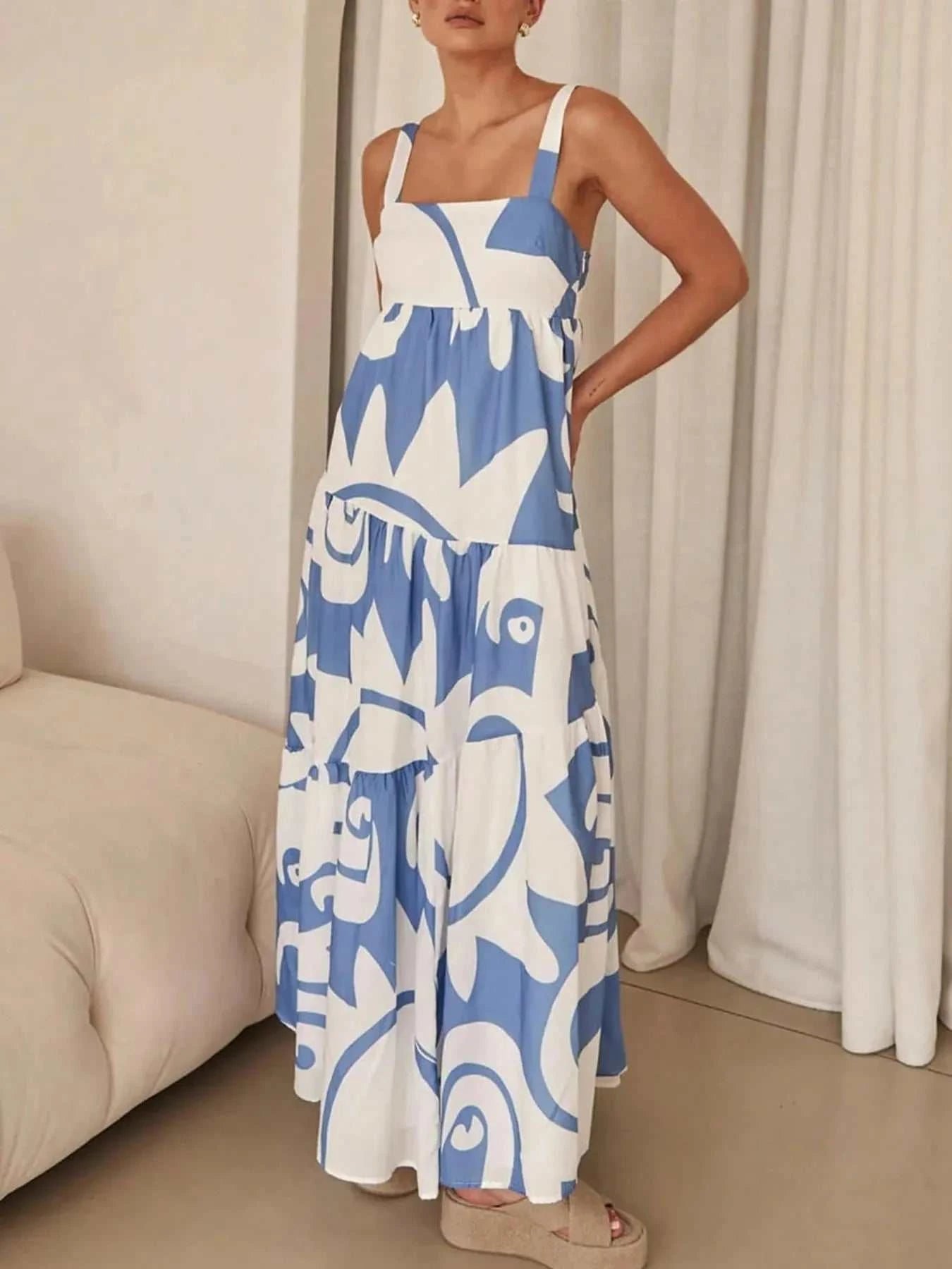 Printed Tiered Square Neck Maxi Dress - StyleLure