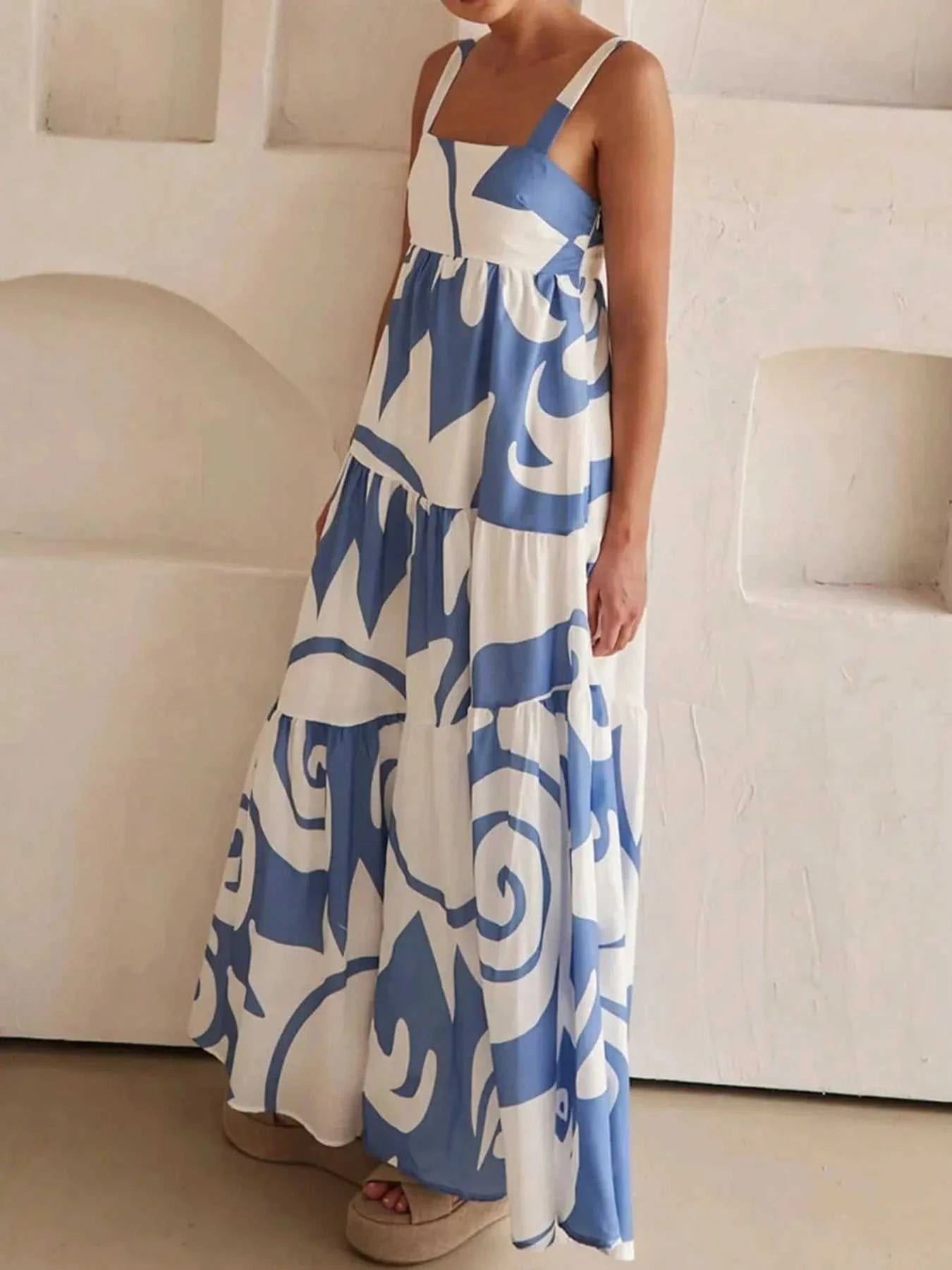Printed Tiered Square Neck Maxi Dress - StyleLure