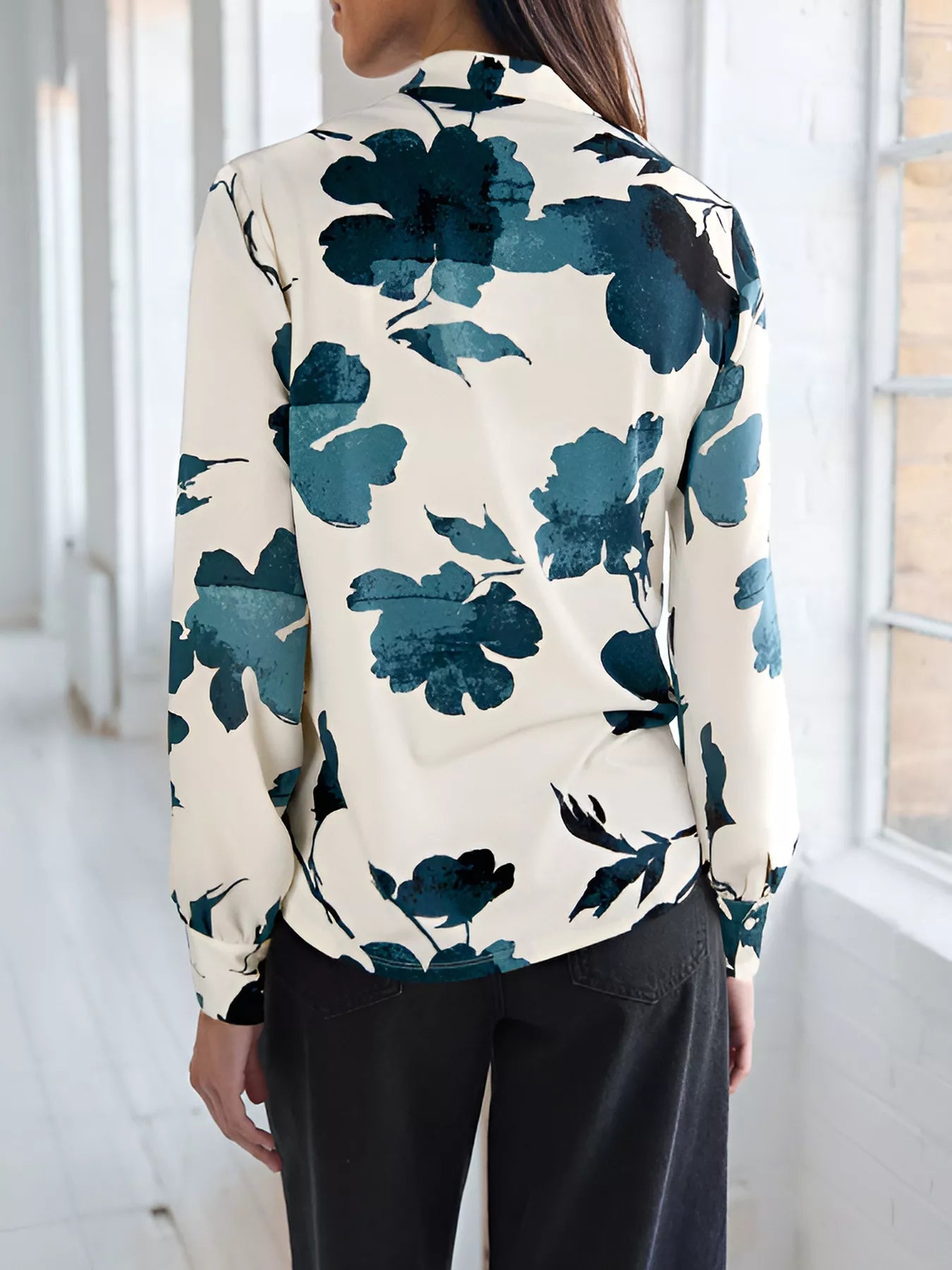 Printed V - Neck Long Sleeve Blouse - StyleLure