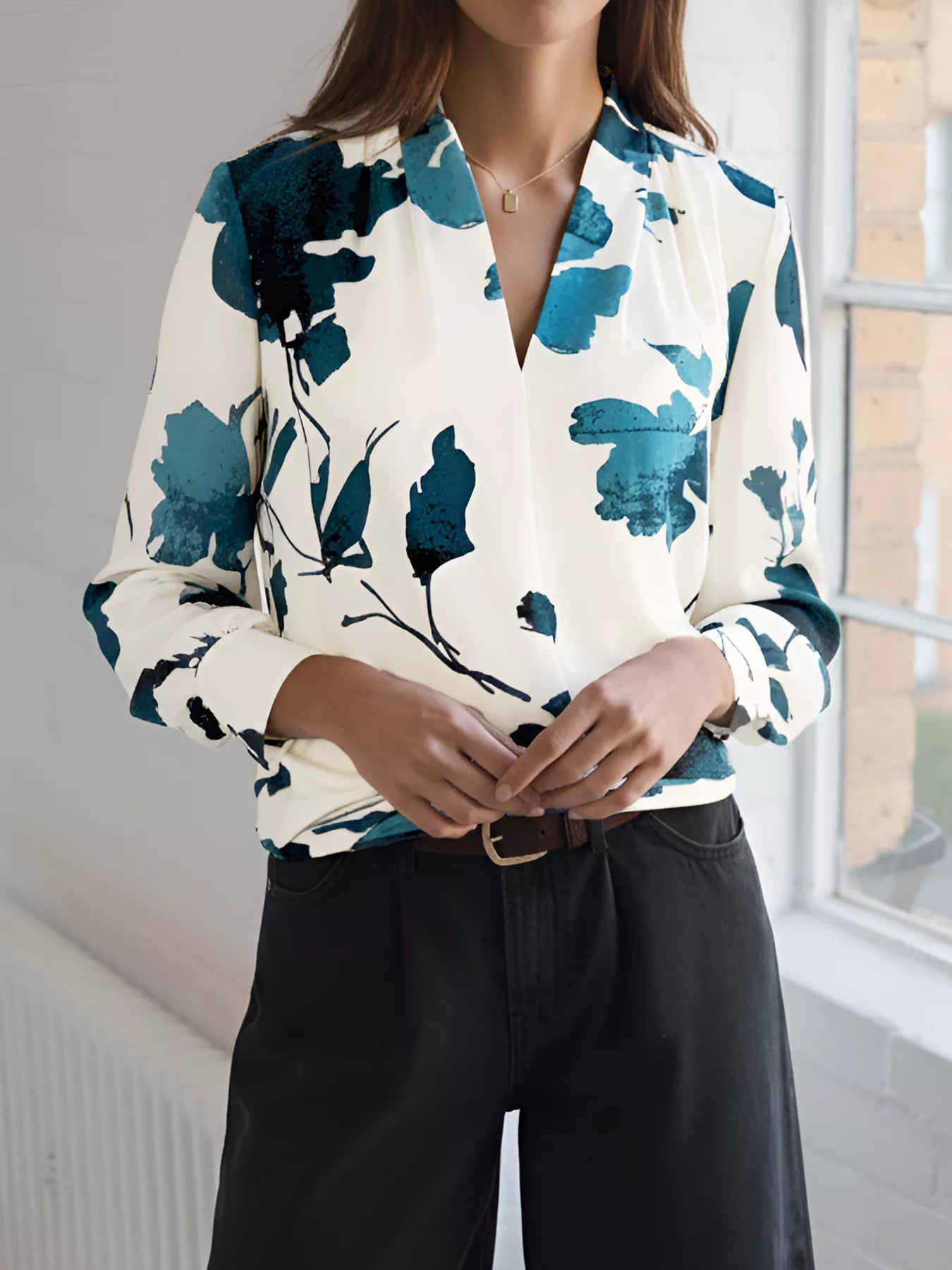 Printed V - Neck Long Sleeve Blouse - StyleLure