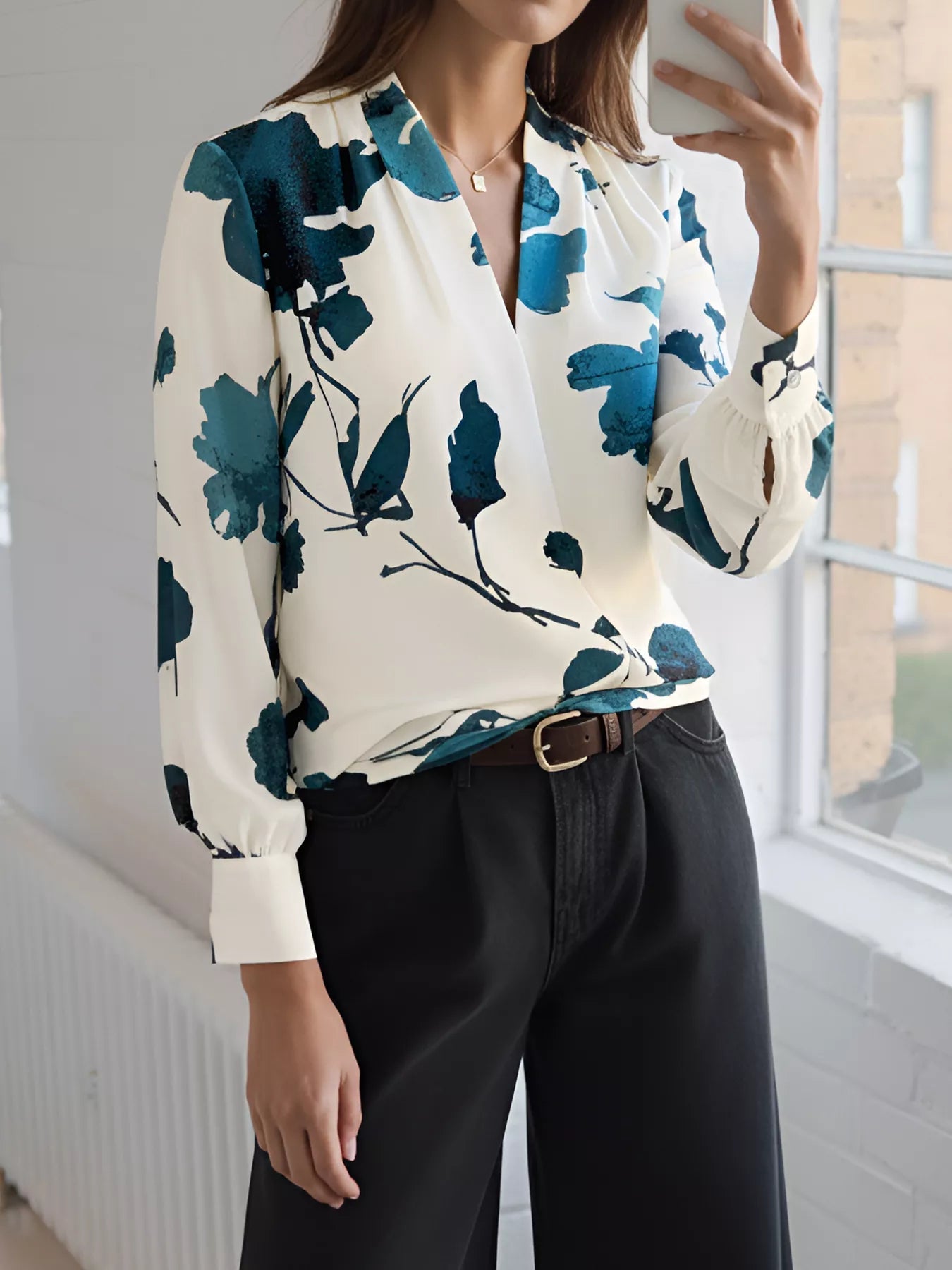 Printed V - Neck Long Sleeve Blouse - StyleLure