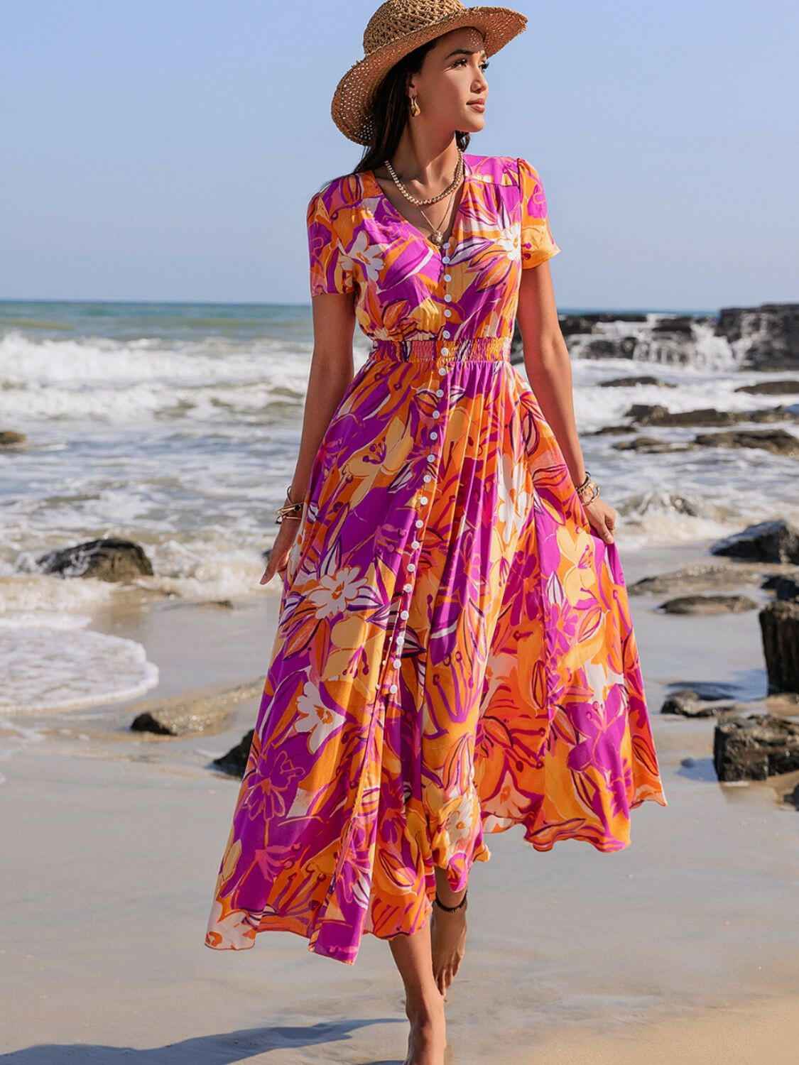 Printed V - Neck Short Sleeve Midi Dress - StyleLure