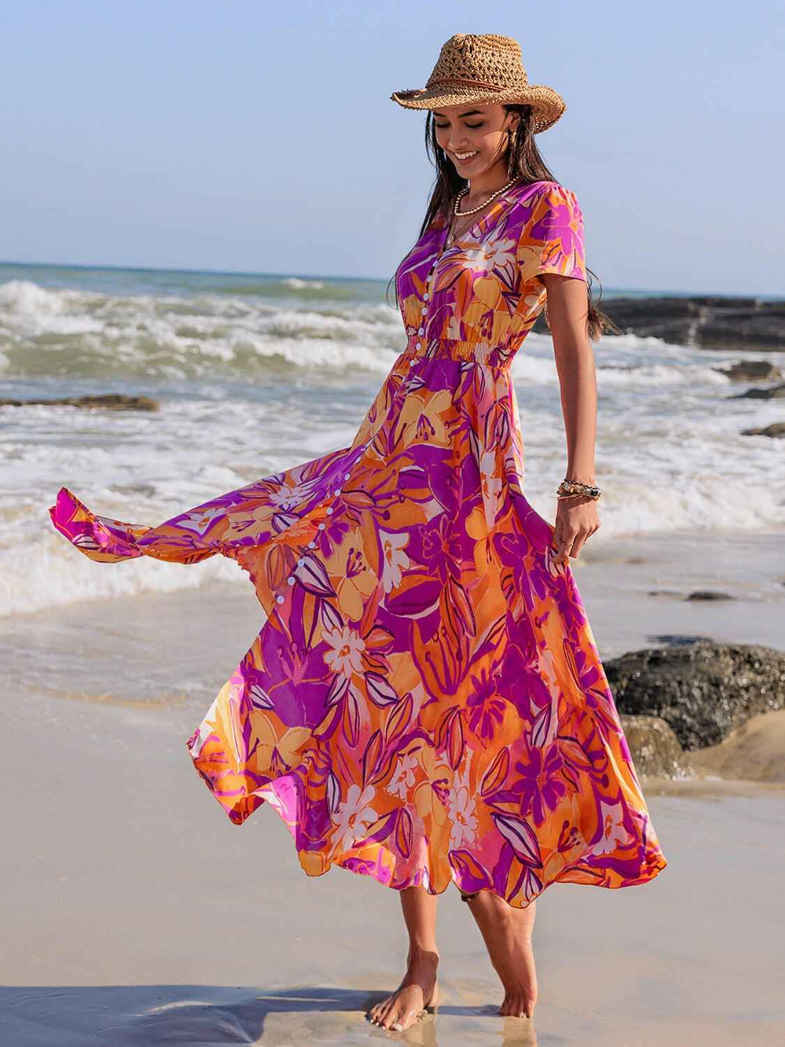 Printed V - Neck Short Sleeve Midi Dress - StyleLure