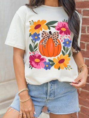Pumpkin Floral Graphic Round Neck T-Shirt - StyleLure