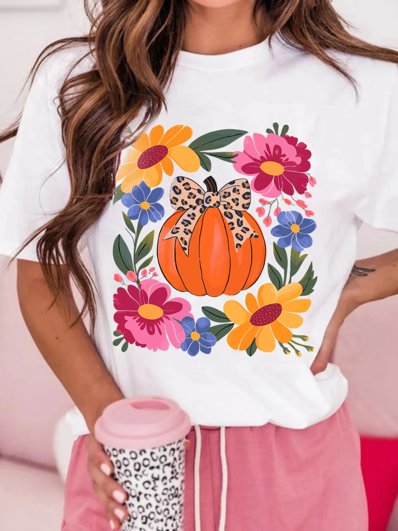 Pumpkin Floral Graphic Round Neck T-Shirt - StyleLure