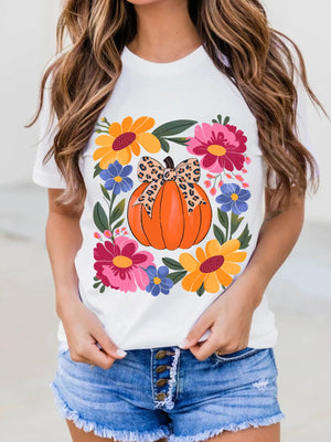 Pumpkin Floral Graphic Round Neck T-Shirt - StyleLure
