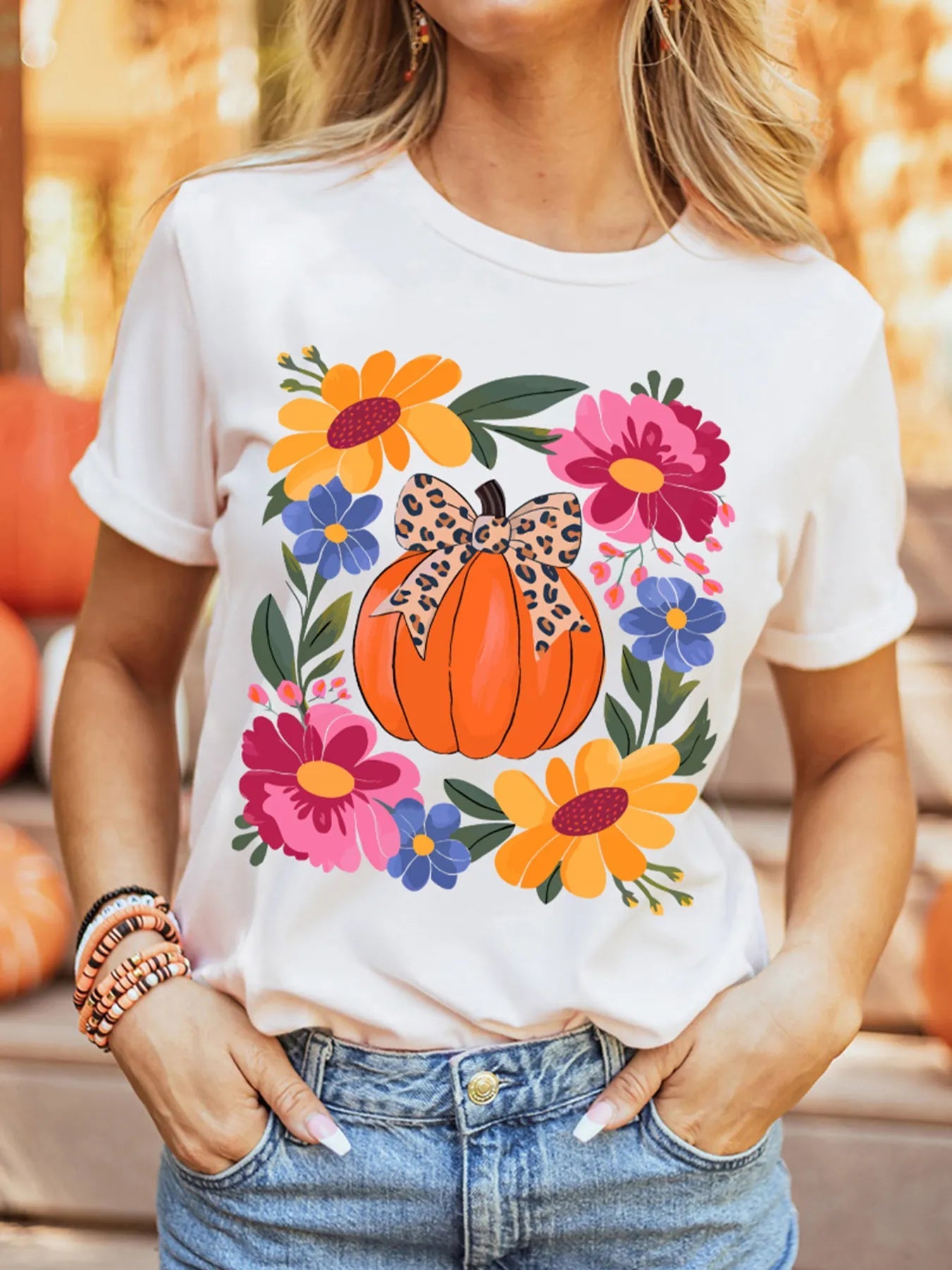 Pumpkin Floral Graphic Round Neck T-Shirt - StyleLure