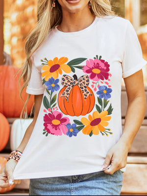 Pumpkin Floral Graphic Round Neck T-Shirt - StyleLure