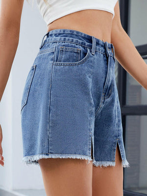 Raw Hem Slit Denim Shorts - StyleLure
