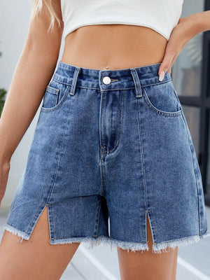 Raw Hem Slit Denim Shorts - StyleLure